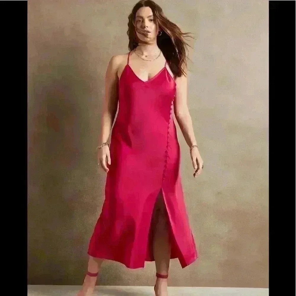Banana Republic Covered-Button Satin Midi Slip Dress